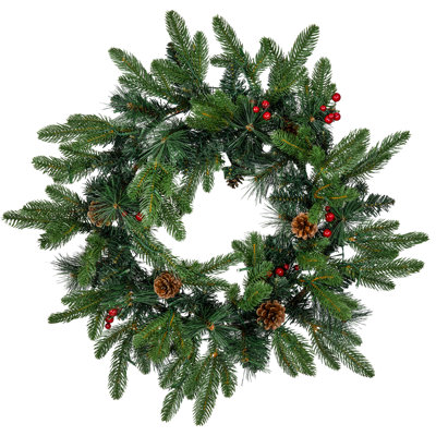 Couronne de Noël artificielle pré-éclairée avec pommes de pin et baies de houx 