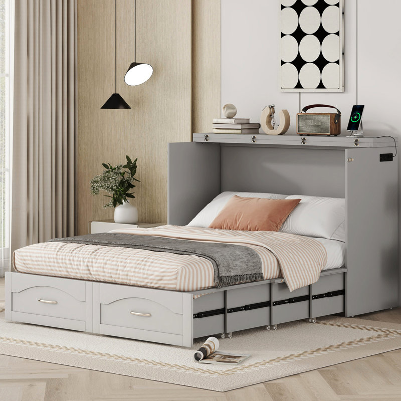 Lit double gris, tiroir, douilles et ports, poulie pour l'espace - Conscious Designs Gray
