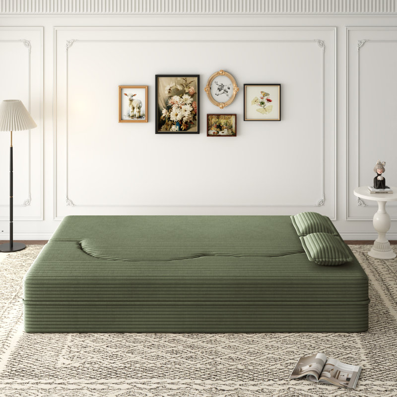 Canapé-lit moderne avec 2 coussins, canapé-lit en velours côtelé rembourré et rembourré de mousse, matelas pliant de 15 po pour le salon, lit d'invité, sans assemblage requis, vert