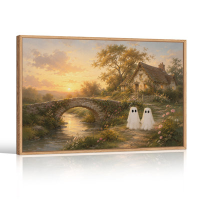 Art mural sur toile, "Deux fantômes près du pont de pierre au coucher du soleil"