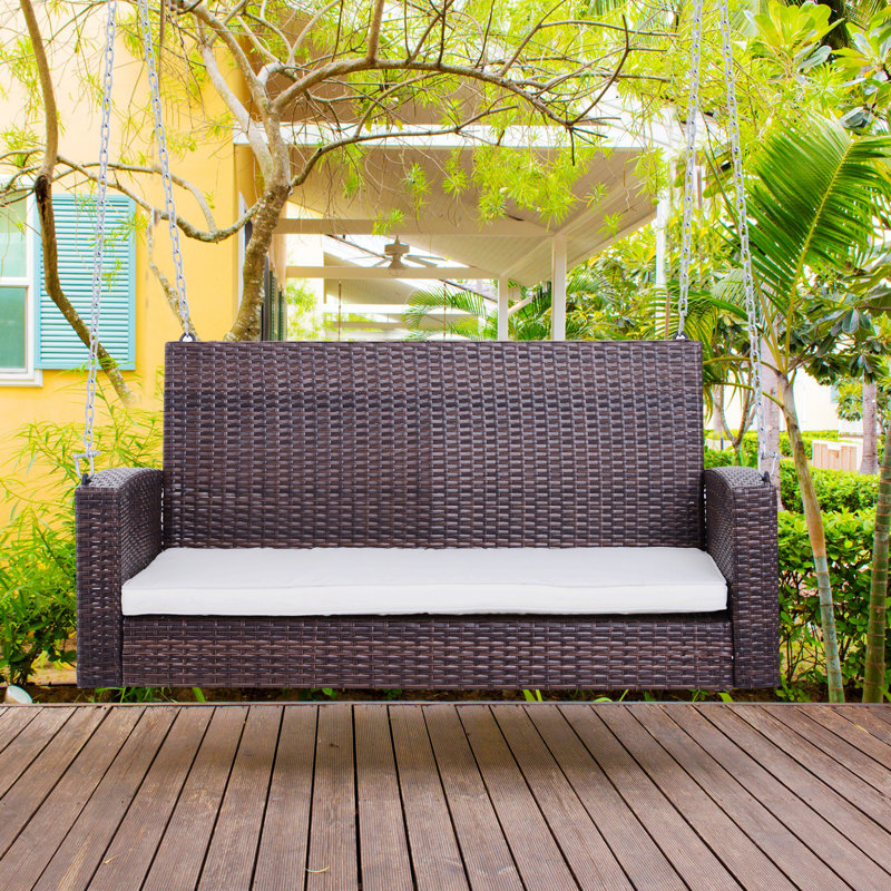 Banc de balançoire suspendu en osier, banc d'extérieur avec coussin, Blanc, crème
