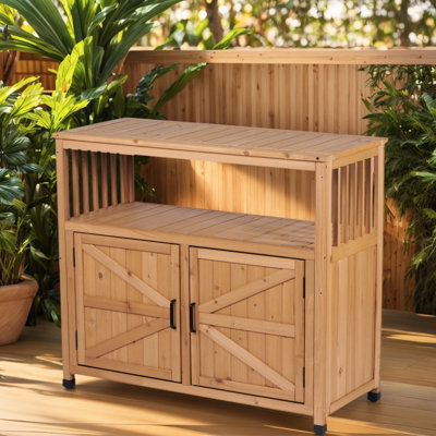 Patio Storage Cabinet With Slatted Aesthetic And Multi - Purpose, Outdoor Indoor Buffet Sideboard, Made Of Solid Fir, Brown Shade Design Use, Color