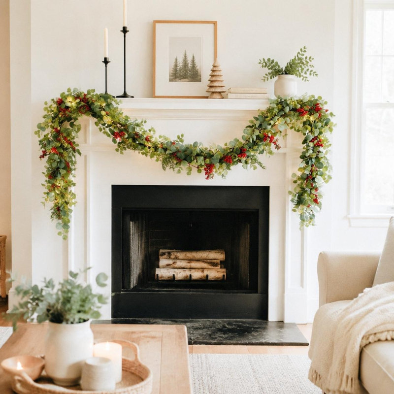 Guirlande 6,3 pi Eucalyptus artificiel avec baies rouges pour décoration de Noël