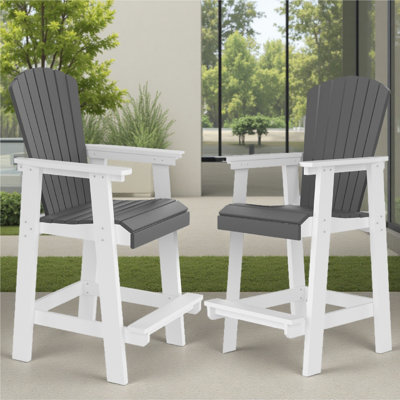 Outdoor Adirondack Bar Stools Set Of 2, 51 Inch Tall Patio Chairs With High Back, All-Weather HDPE Bar Height Stools With Wide Armrests For Garden, Poolside, Balcony, White And Grey