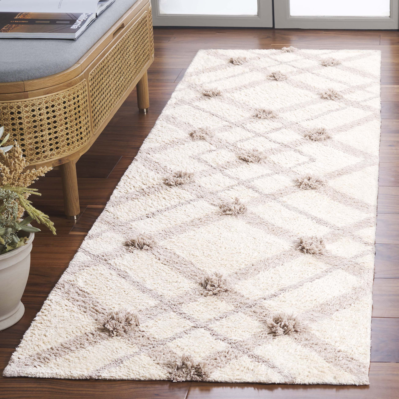 Auguste Beige Washable Hand-Woven Plaid Rug, Runner 2'3" x 8'