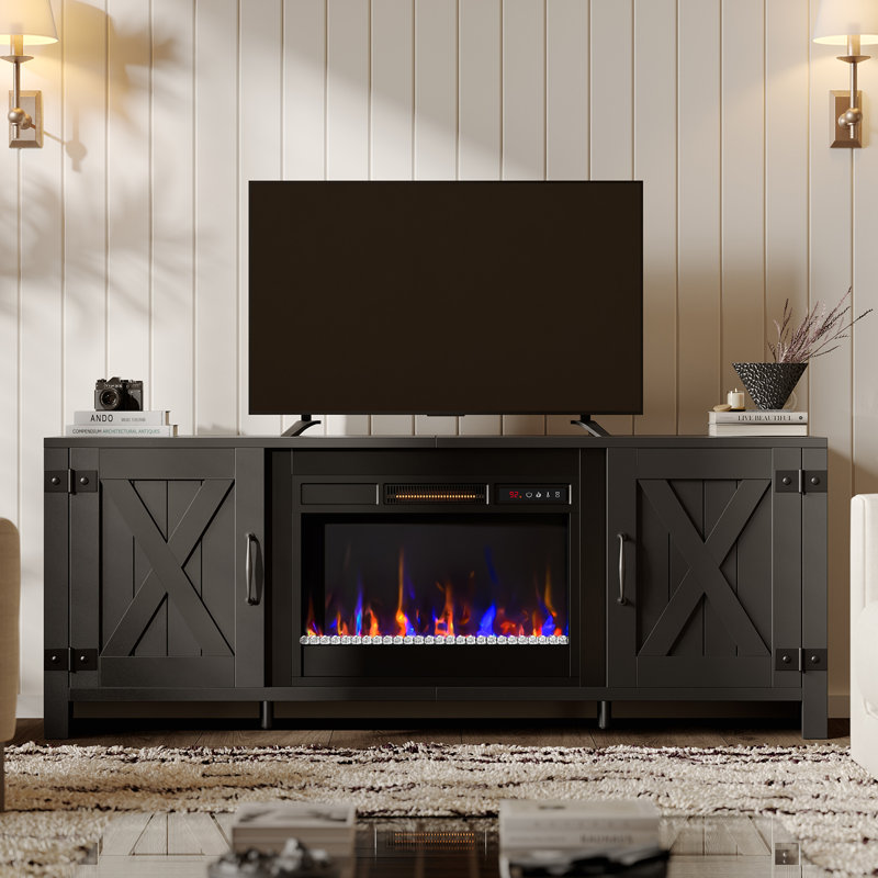 63" Farmhouse TV stand with Remote Control 23" Electric Fireplace, Timer, Over Heat Protection, Black