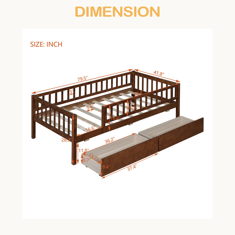 Lit de jour simple en bois avec deux tiroirs, Noyer
