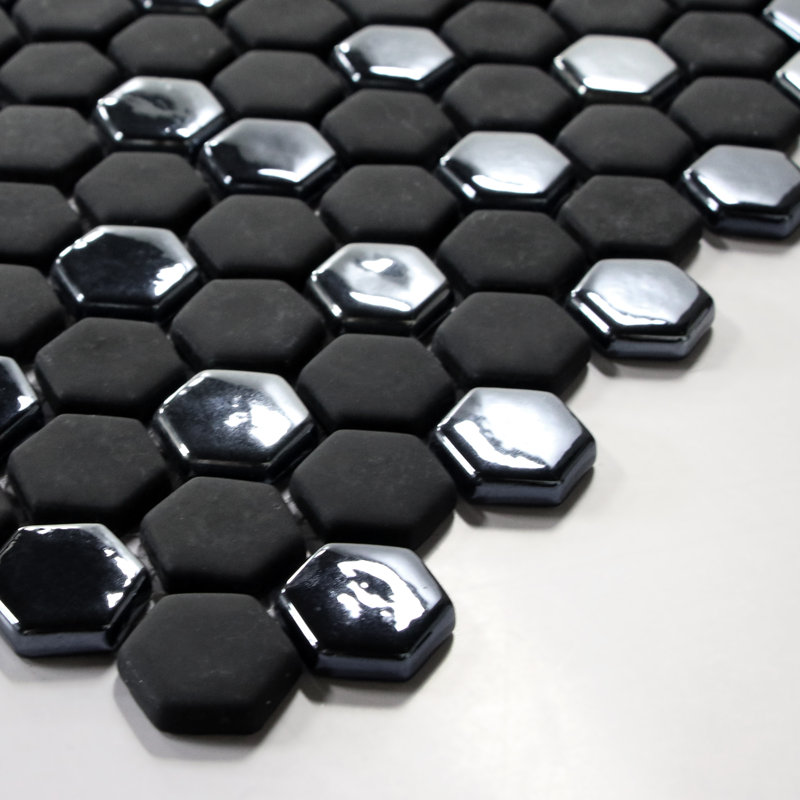 12" x 12" Hexagon Recycled Glass Floor & Wall Mosaic Tile, Black