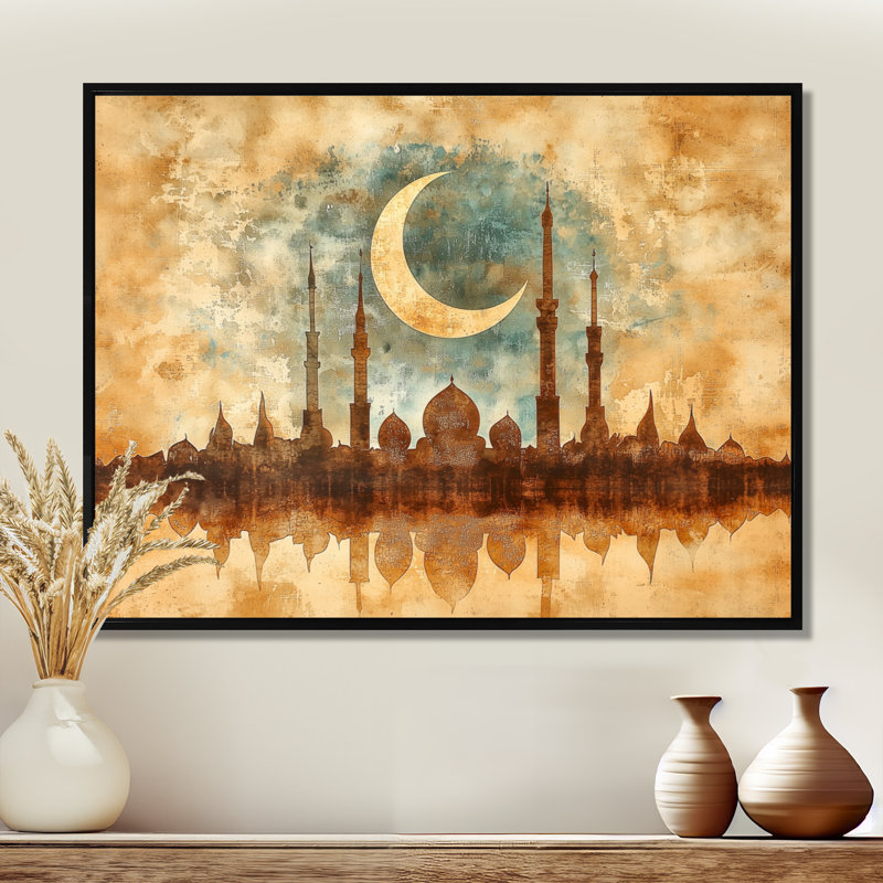 «Endless Reflections Of Crescent Moon Over Mosque II», impression d'art mural paysage de l'Islam, Noir, H 24 po x l 32 po