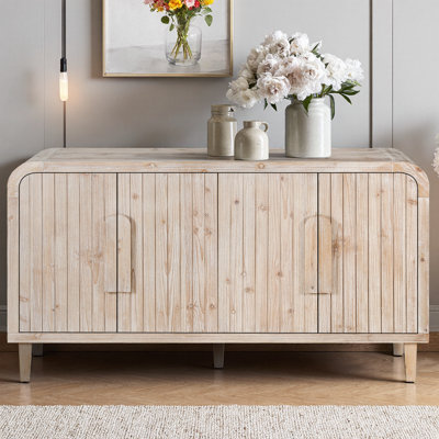 59" Farmhouse Curved Sideboard Buffet in Antique White & Natural Wood Finish, Vintage Storage Credenza with Vertical Carved Doors, 180° Full-Open Hinges, Large Wooden Handles for Kitchen Dining Room