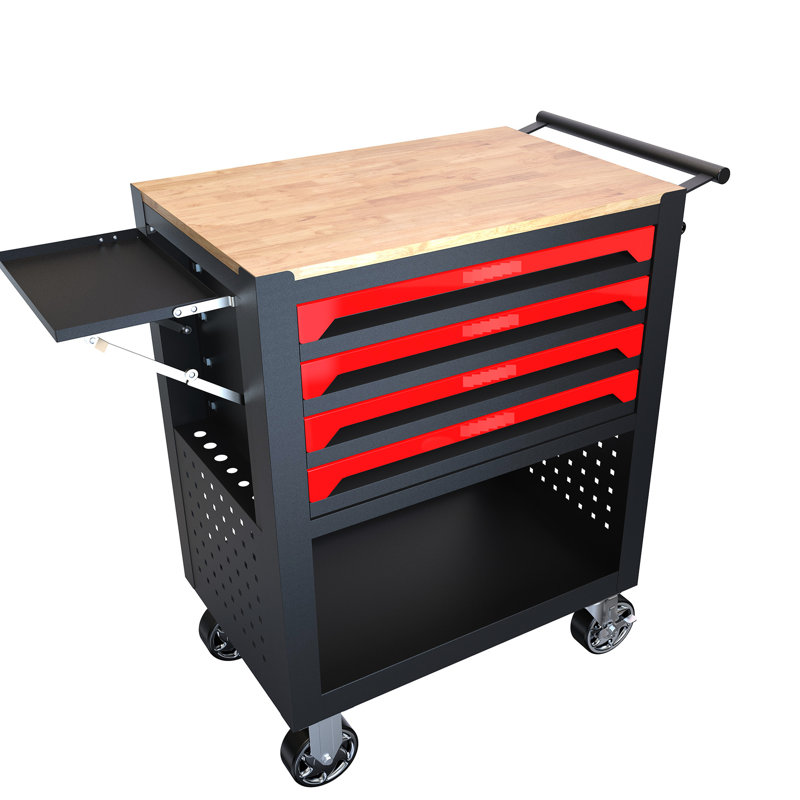 Heavy Duty 4 Drawers Tool Cart With Wheels And Wooden Top - Adjustable Shelf, Spacious Garage Storage Solution Trolley Prodigious Workshop Option