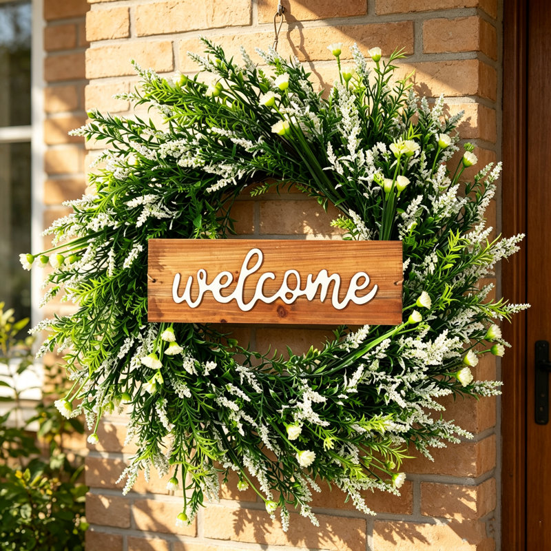 Couronne artificielle de lavande avec fleurs sauvages, guirlande décorative de style champêtre de 50 cm avec panneau de bienvenue en bois et feuilles vertes, blanche