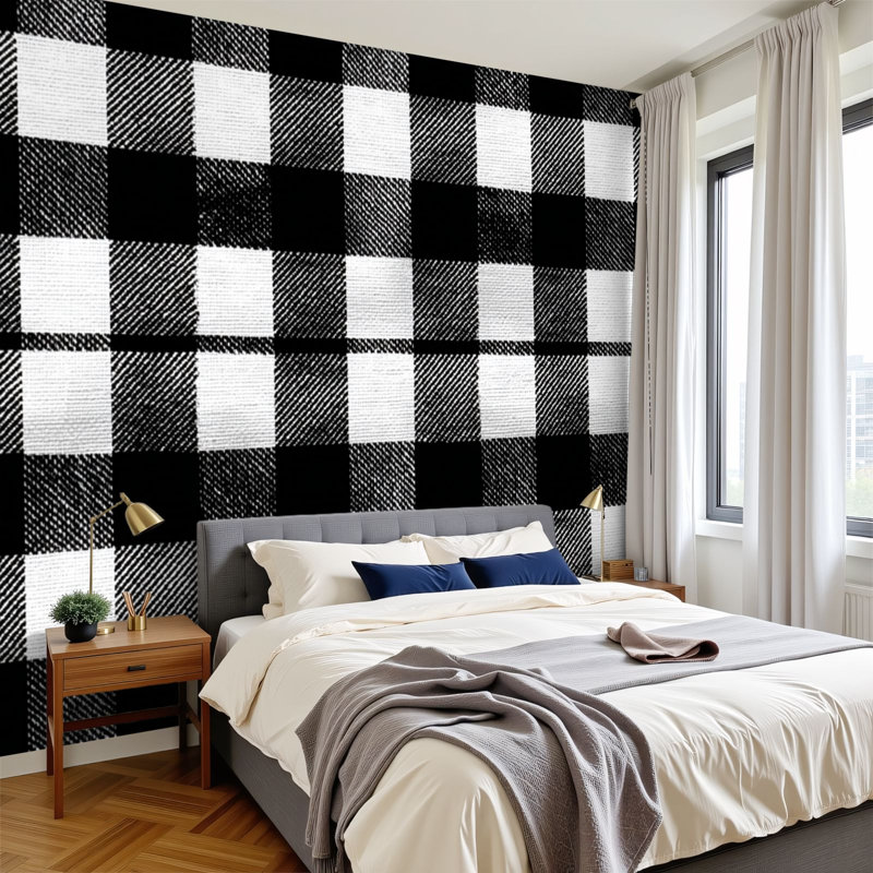 Papier peint adhésif pelez et collez, carreaux vichy noir et blanc à carreaux répétés, art mural auto-adhésif et amovible