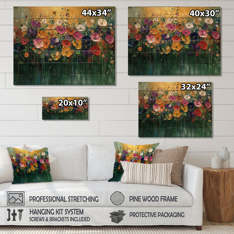 Roses et fleurs sauvages Country Bloom Field I - Décoration murale en bois de roses - sur bois de pin naturel