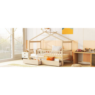 Lit simple avec option de rangement - bois, aspect naturel, deux tiroirs, têtes de lit incluses Fabrication en bois massif, apparence