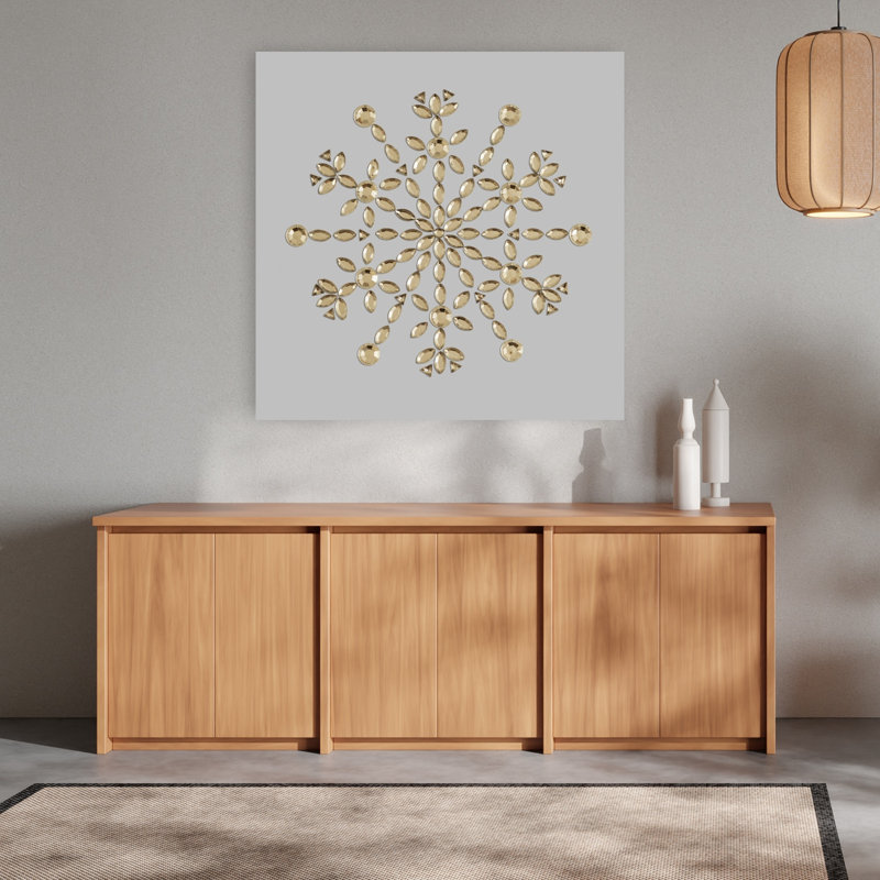 Golden Crystal Snowflake Abstract Elegant Geometric Winter Landscape Wall Art Print by Renate Holzner - Wrapped Canvas Print