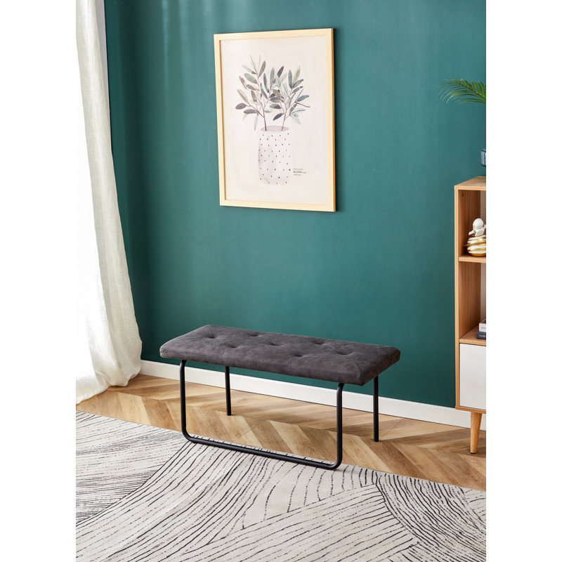Modern Faux Leather Upholstered Bench With Metal Base, Gray