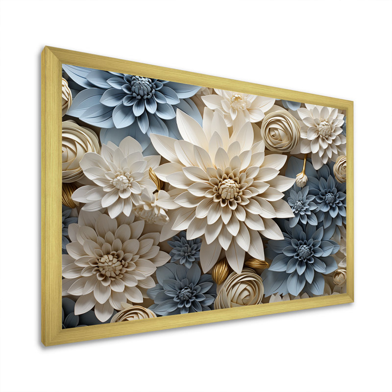 «Simplicity Mums Bloom» en beige et bleu pâle II - Mums, art mural, H 30 po x l 40 po x P 1,5 po, Cadre doré simple