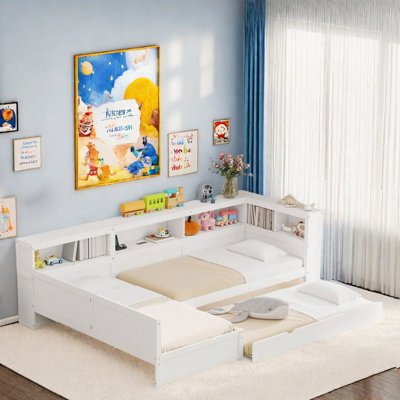 L-shaped Daybed With Trundle And 1 Drawer, Storage Shelves And Charging Station