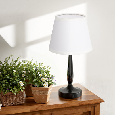 16.5'' Modern & Minimal Pearl Black Bedside Table Lamp with Touch Control and Charging Ports