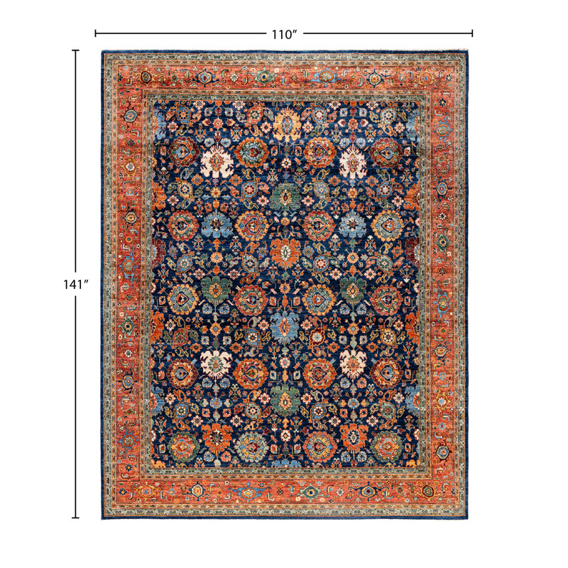 Tapis noué à la main unique en son genre Raffin - bleu, 9 pi 2 po x 11 pi 9 po