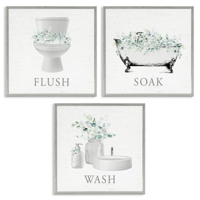Bathroom Rules with Eucalyptus 3 Piece Framed Giclee Art Set, design by Lettered and Lined