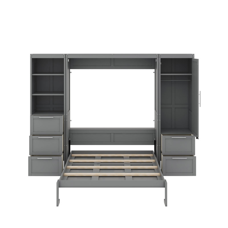 Grand lit escamotable avec tiroirs et tablettes, Gris