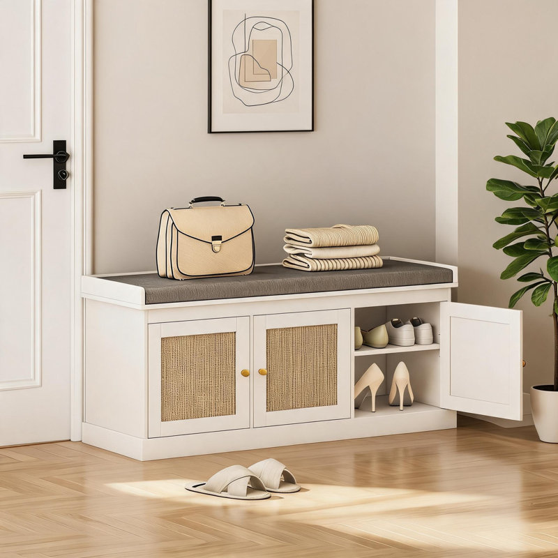Banc de rangement pour chaussures avec portes en rotin tissé, banc de chaussures avec coussin, Blanc, Gris
