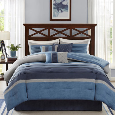 Édredon grand bleu marine 7 pièces - conception en microsuède, 2 taies décoratives incluses, oreillers décoratifs en suède