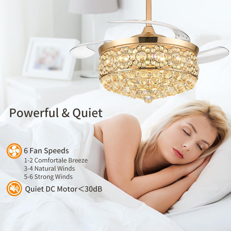 42" Retractable Crystal Fandelier Ceiling Fan With Light, Dimmable LED, 6 Speed, Reversible Airflow, Remote & App Control For Bedroom Living Room