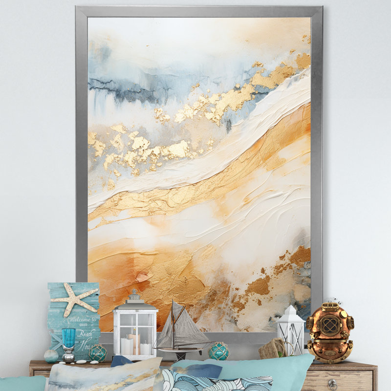 Or et bleu plage sable Fusion III - décoration murale nautique et plage, H 32 po x l 16 po x P 1 po, Cadre photo argenté