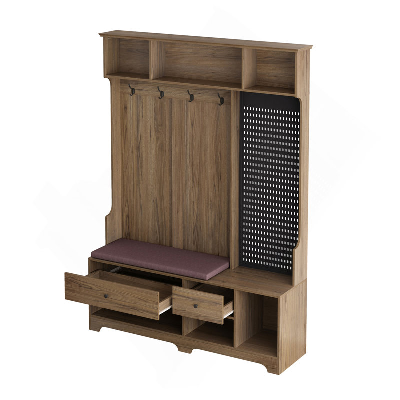 Arbre de couloir multi-usages avec banc d'entrée en lin rembourré amovible, portemanteau, tablettes de rangement et panneau perforé, pour les couloirs, le salon, le brun