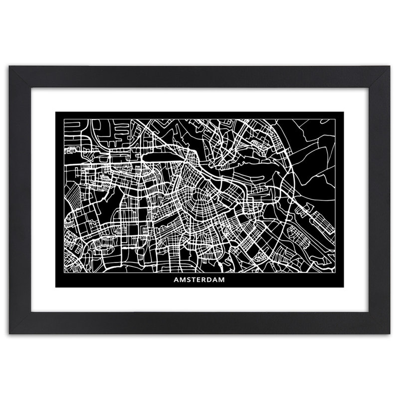 Amsterdam City Map - Single Picture Frame Print, Black, 70cm H x 100cm W
