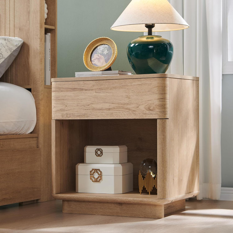 Modern Nightstand With Charging Station, 22" Wide End Table With Drawers & Open Shelf, Tan