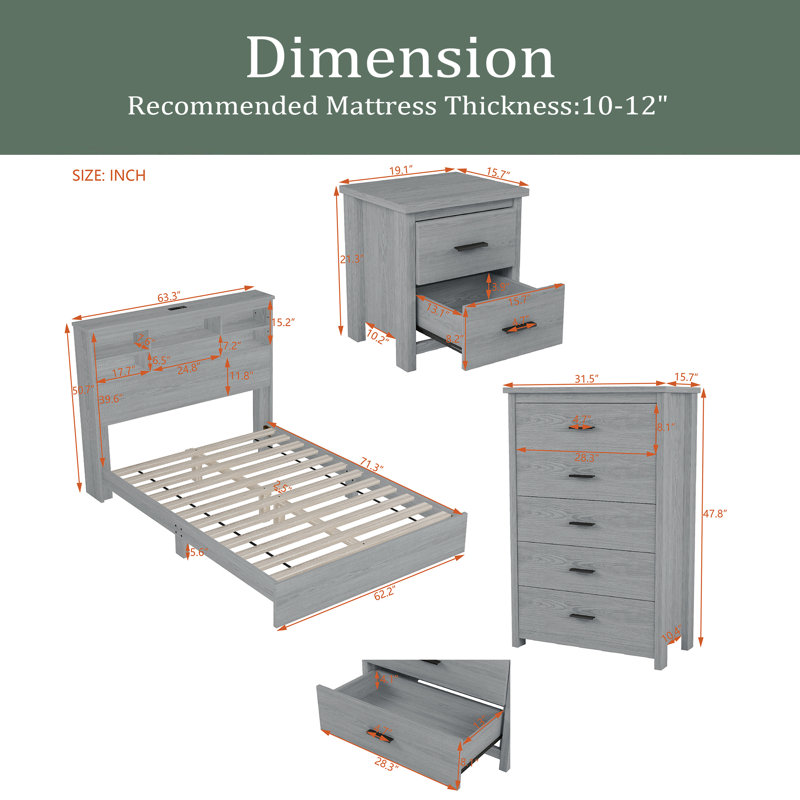 Ensemble de chambre à coucher 4 pièces Tiène, Gris clair