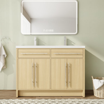 Meuble-lavabo double autoportant 48 po avec plateau en résine et portes à fermeture en douceur 48 po