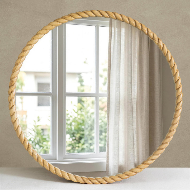Miroir mural rond en bois massif sculpté, Naturel