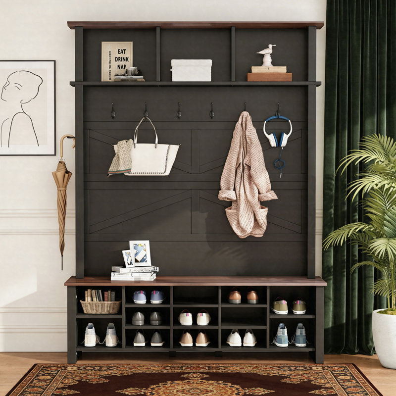 Farmhouse 4-In-1 Hall Tree With Bench, 6 Hooks & 16 Open Compartments, Entryway Shoe Organizer, Black
