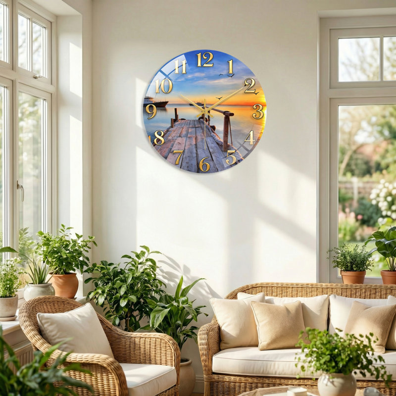 Horloge murale décorative en verre Sunset Dock, 60 x 60 cm (23,6 x 23,6 pouces)