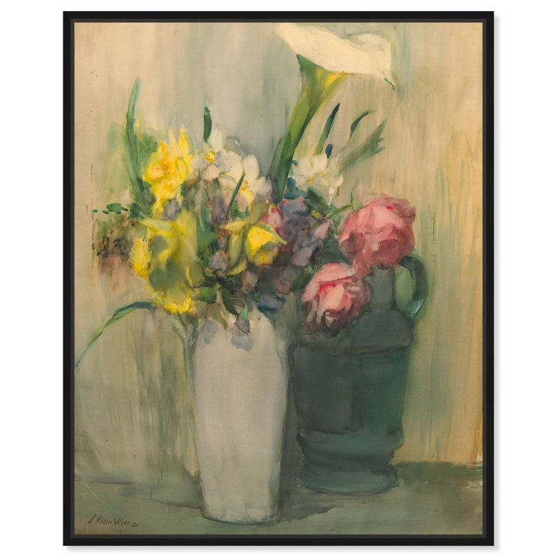 Fleurs par Julian Alden Weir, toile par , H 21 po x l 17 po, Cadre flottant, Noir