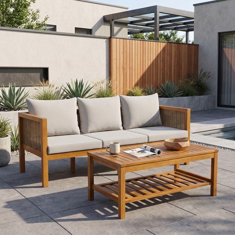 Ensemble de canapé d'extérieur 2 pièces avec structure et coussins en bois d'acacia, Grey Polyester