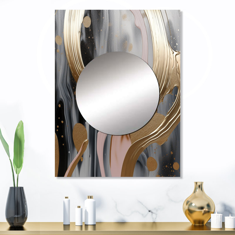 Abstrait doré et rivières infinies roses V - formes abstraites, miroir mural, miroir doré, impression sur métal