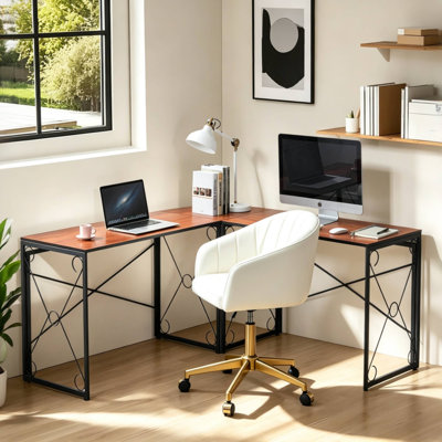 L‑Shaped Computer Desk with Velvet Office Chair Bundle, Home Office Desk & Ergonomic Swivel Vanity Chair Set, Corner Gaming Desk with Height Adjustabl