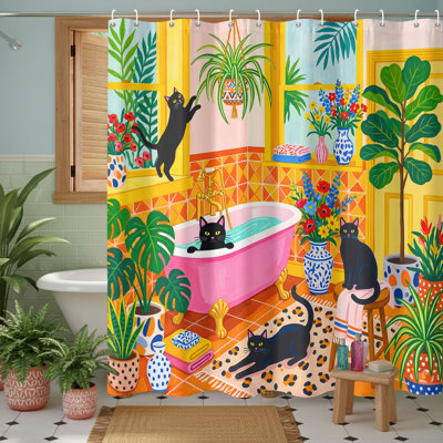 Cute Cat Dopamine Illustration Shower Curtain, Funny Matisse Tropical Black Kitty Colorful Plants Bathroom Decor, Yellow 72x72 inch