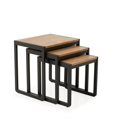 Ensemble de 3 tables gigognes, tables d'appoint empilables en métal aspect bois pour le salon