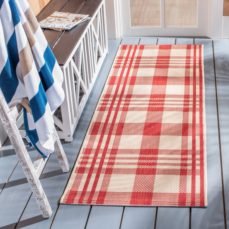 Courtyard Performance Plaid Indoor/Outdoor Area Rug, Runner 2'3" x 16', Red/Bone