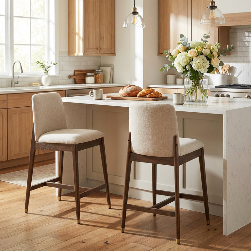 Tabouret de comptoir rembourré Nolan, Siège beige / structure en noyer, 2