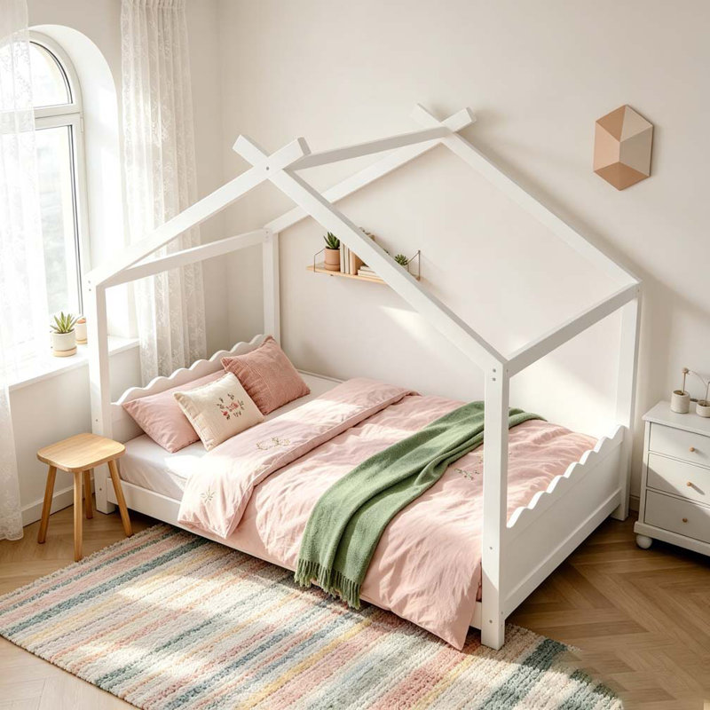 Lit de maison avec lattes de soutien, cadre de lit en bois massif pour enfants, aucun sommier et ouverture, Blanc, Grand