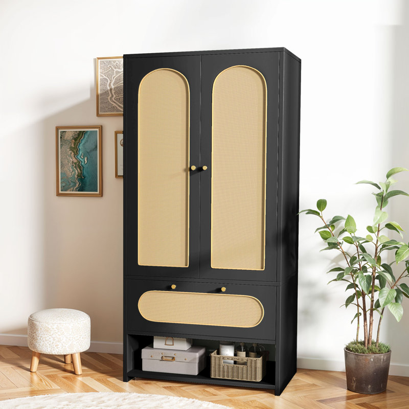 Black and Natural Rattan Armoire Closet with Doors and Drawer