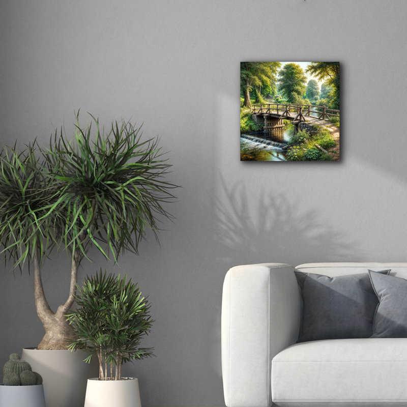 «Countryside Bridge Over Stream» par Rey Klimt, art mural sur toile, H 18 po x l 18 po